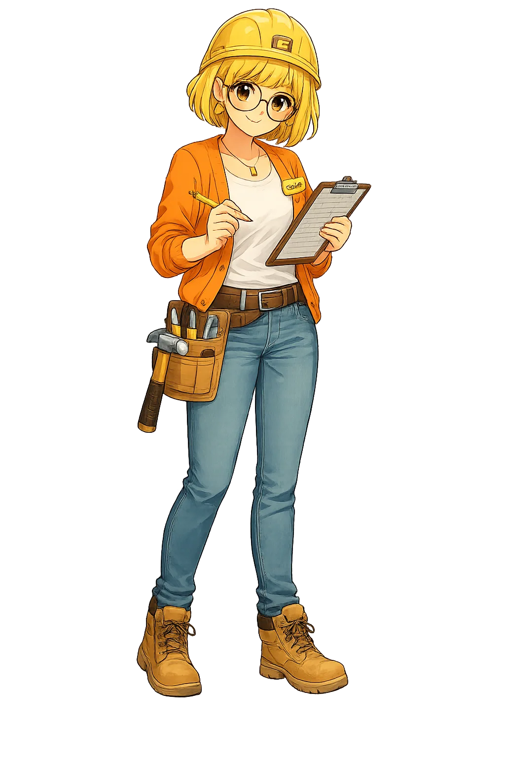 Goldie holding a pencil and clipboard with a tool belt full of tools