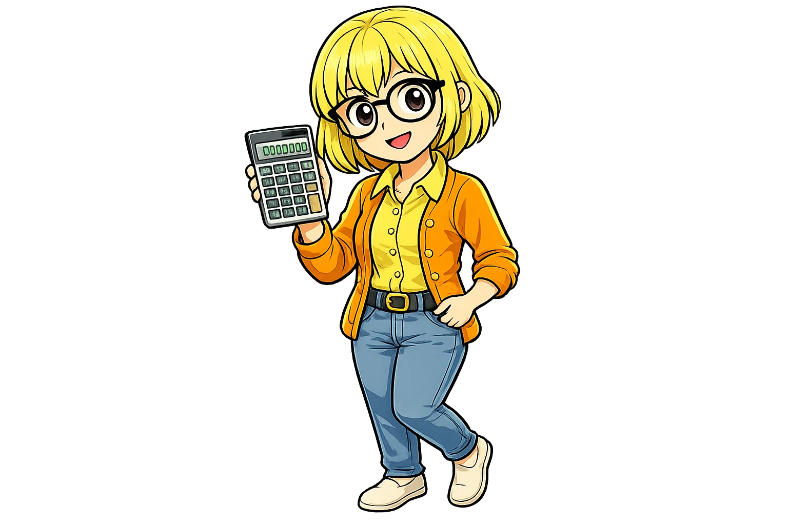 Goldie holding a calculator