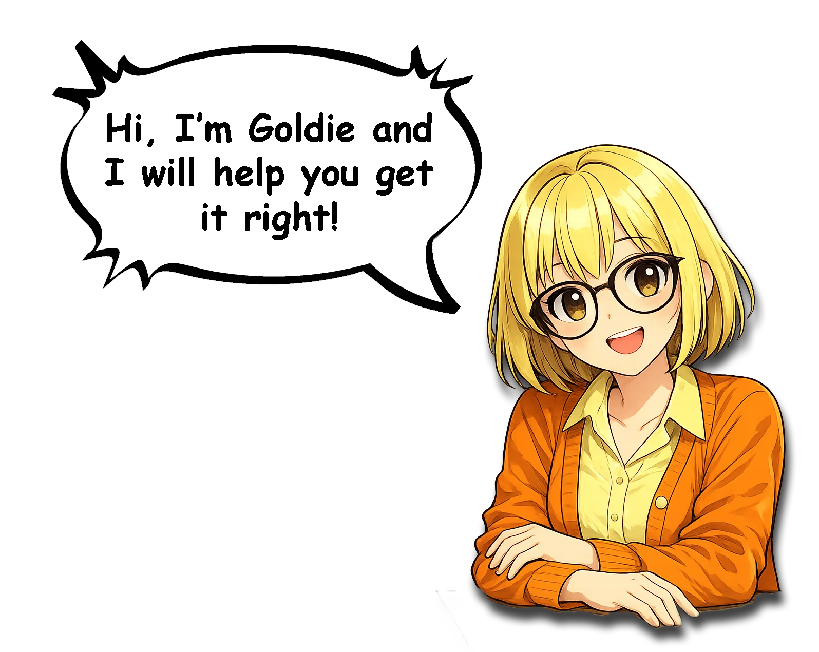 Goldie leaning on the counter, arms crossed, with a speech bubble that reads: Hi, I'm Goldie and I will help you get it right!