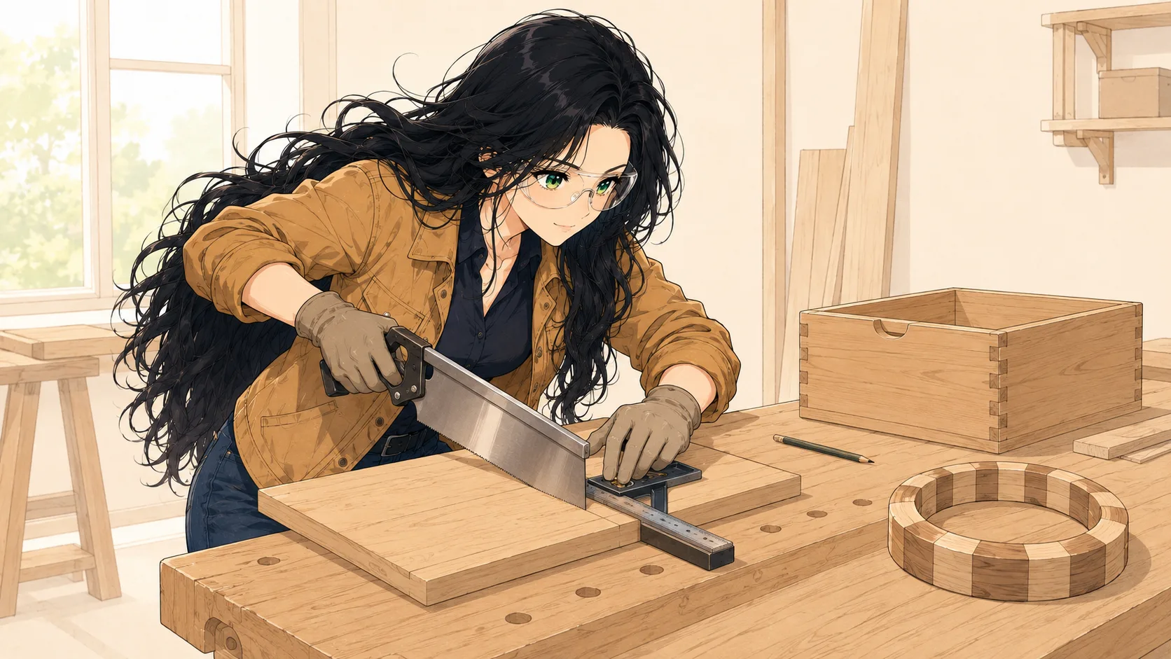 Sage doing woodworking at a bench