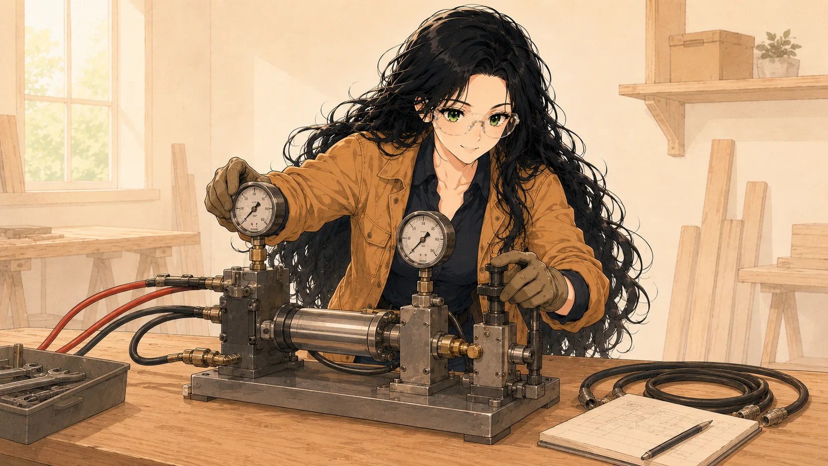 Sage working with pressure equipment's desk with a pressure gauge, tire, and notes on pressure units and formulas