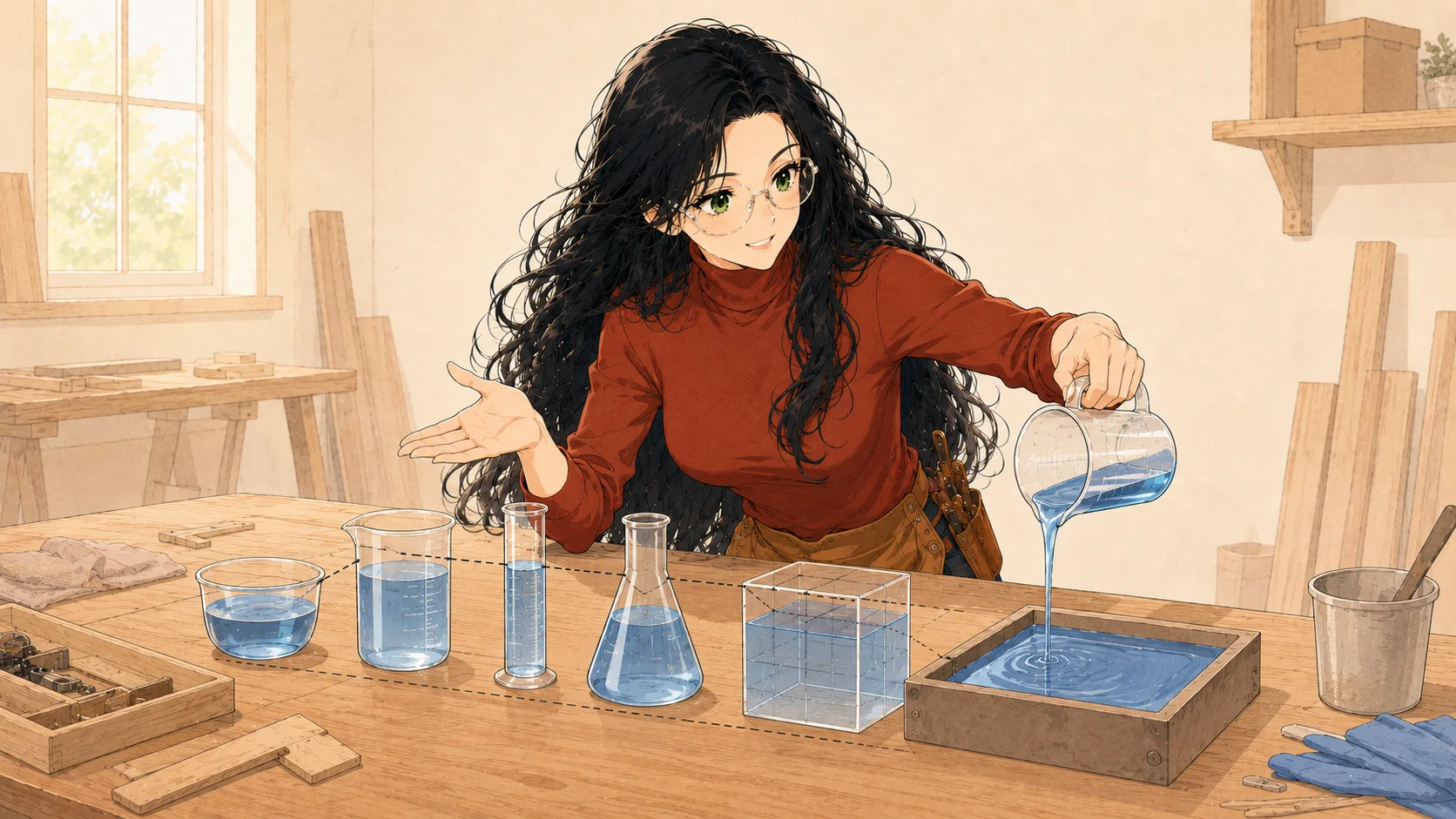 Sage measuring liquid volume's desk with measuring cups and a graduated cylinder showing fill levels and volume notes