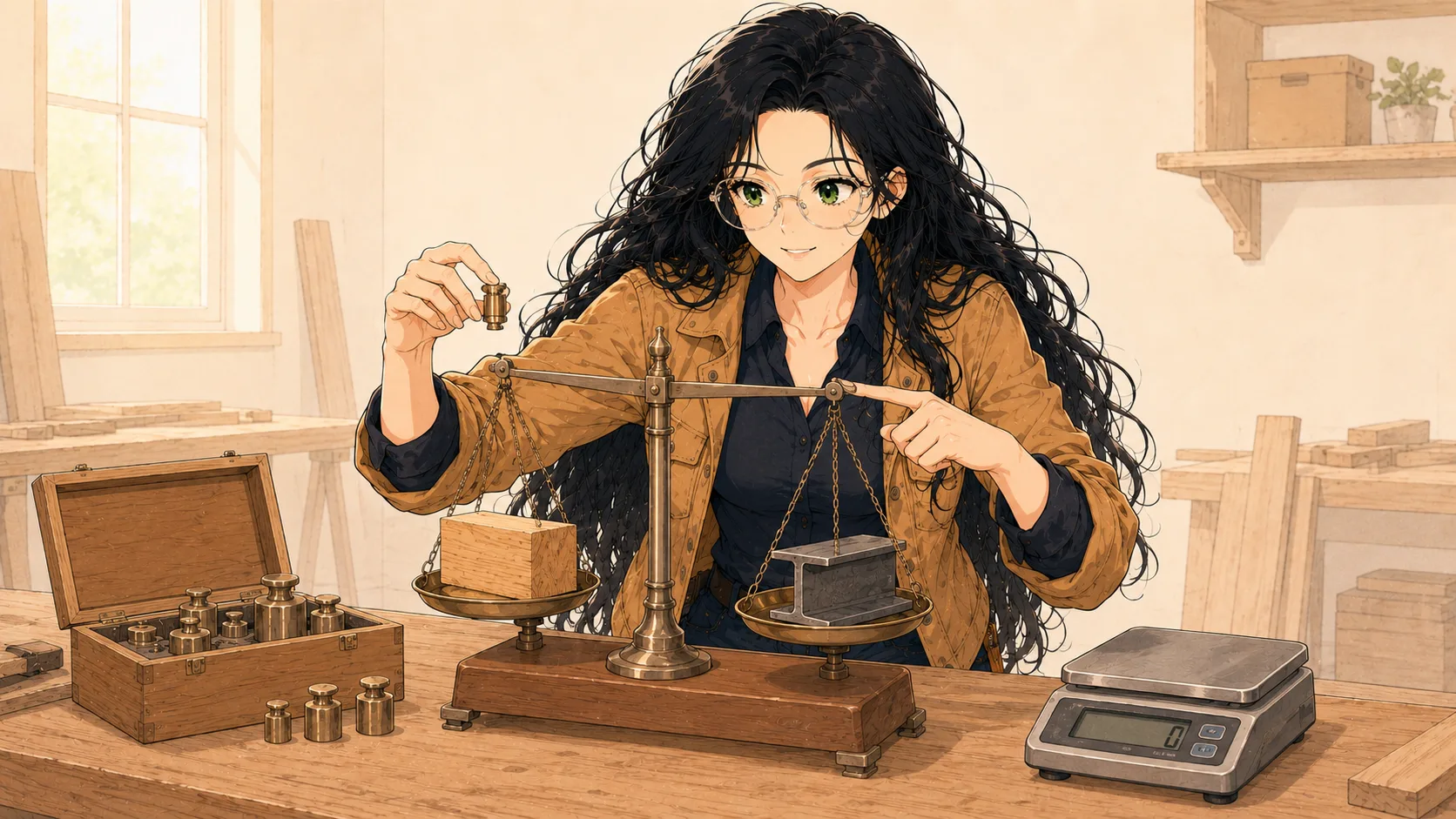 Sage comparing weights on a scale's desk with a kitchen scale, weights, and a balance scale showing weight unit notes