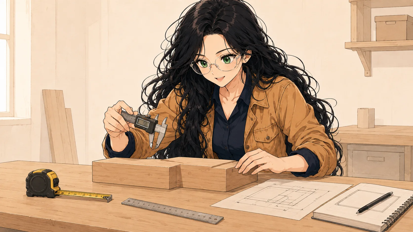 Sage measuring material at a workbench