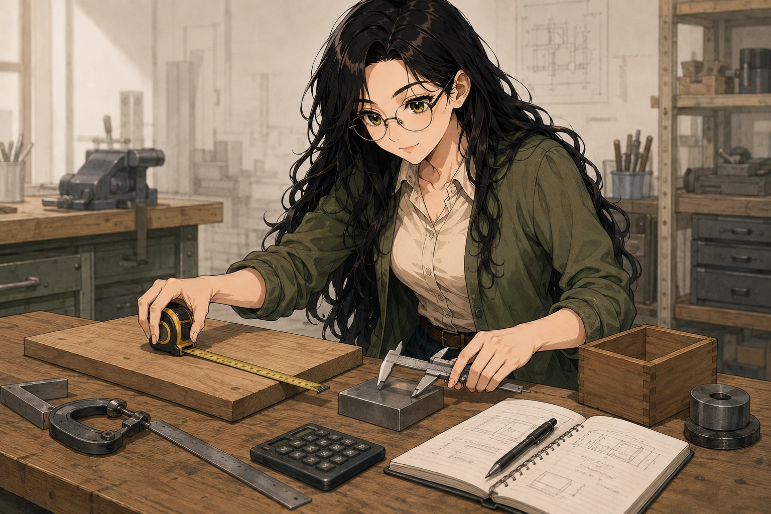 Sage measuring and calculating at her workbench