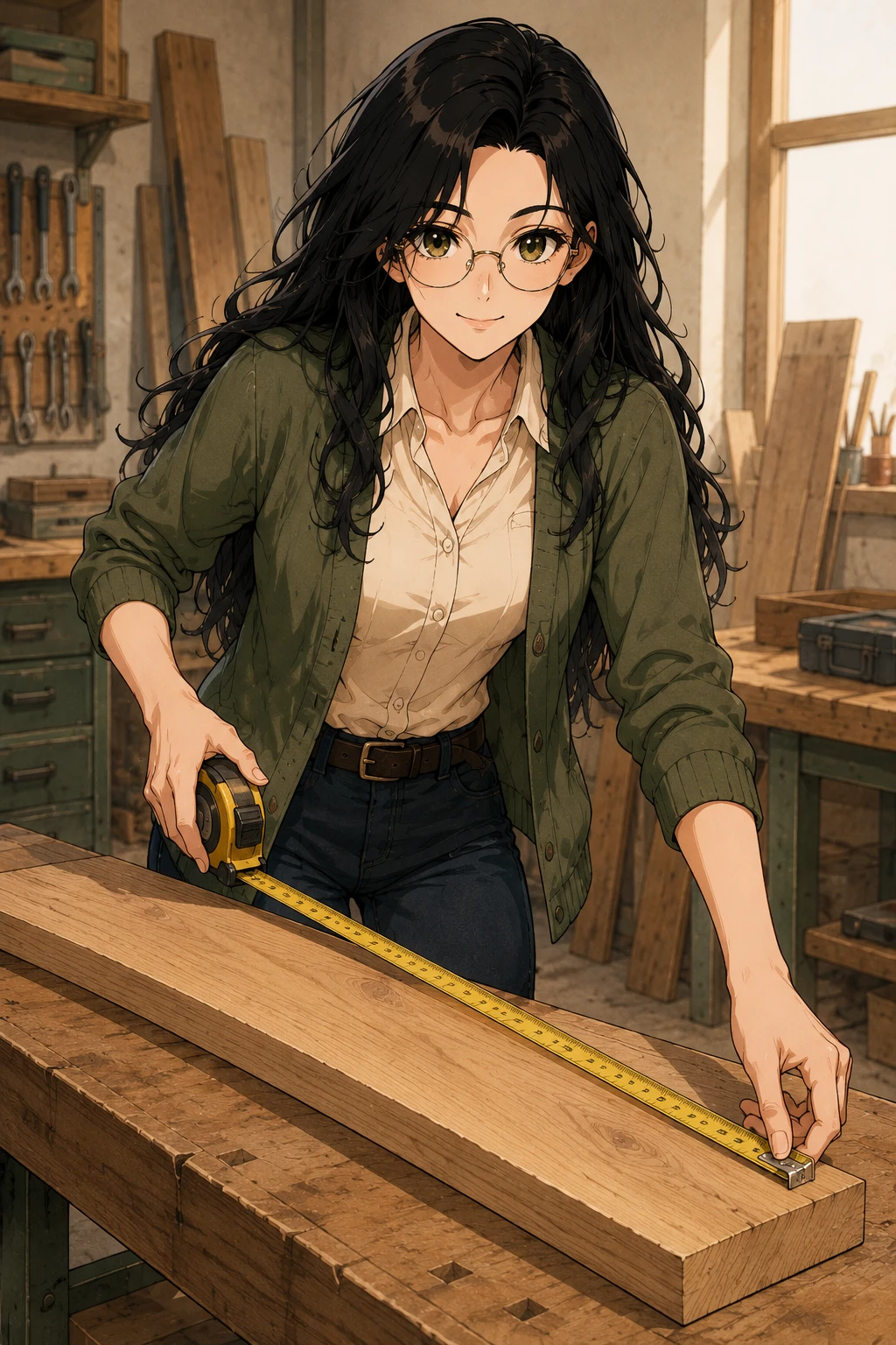 Sage measuring a board with a tape measure