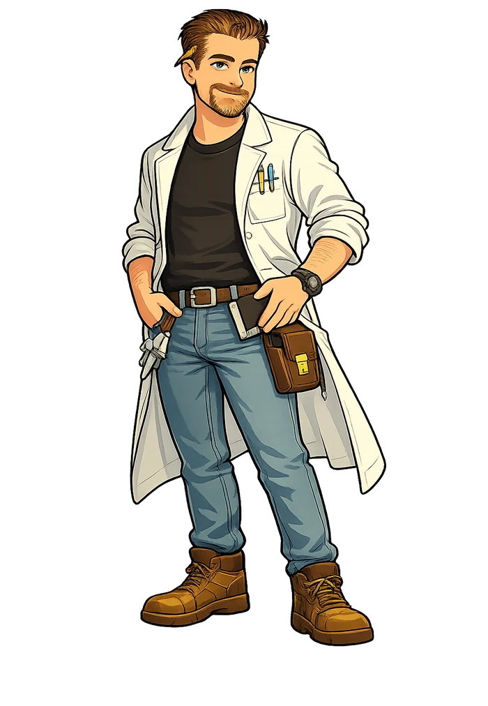 Cartoon portrait of Will Gelvin dressed as a workshop inventor