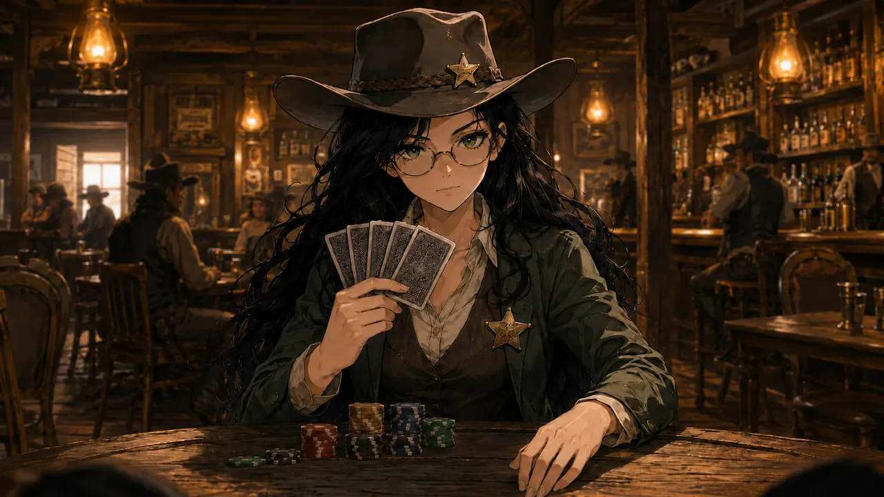 Sheriff Sage seated at a poker table in an Old West saloon