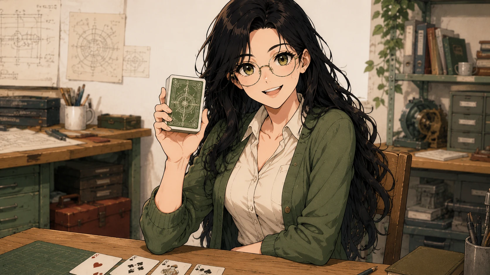 Sage holding a deck of cards for Sage Solitaire