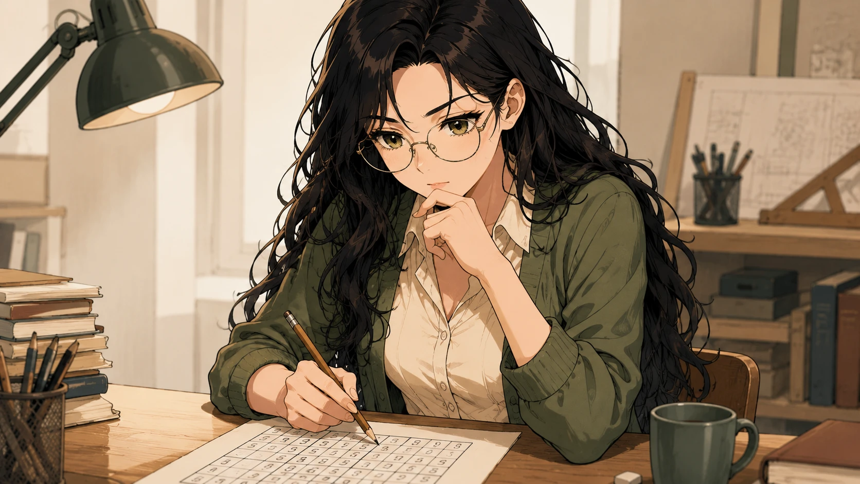 Sage thinking through a Sudoku puzzle at her desk