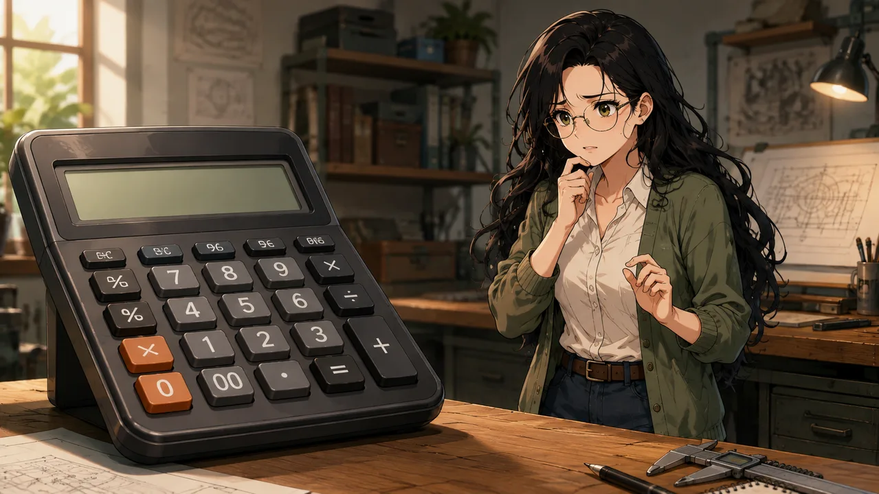 Sage studying an oversized calculator in the workshop